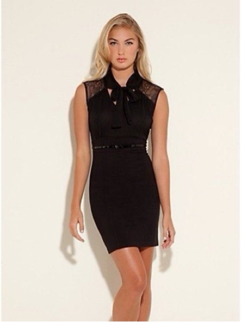 Guess Black Lace-Shoulder Tie-Neck Bodycon Dress